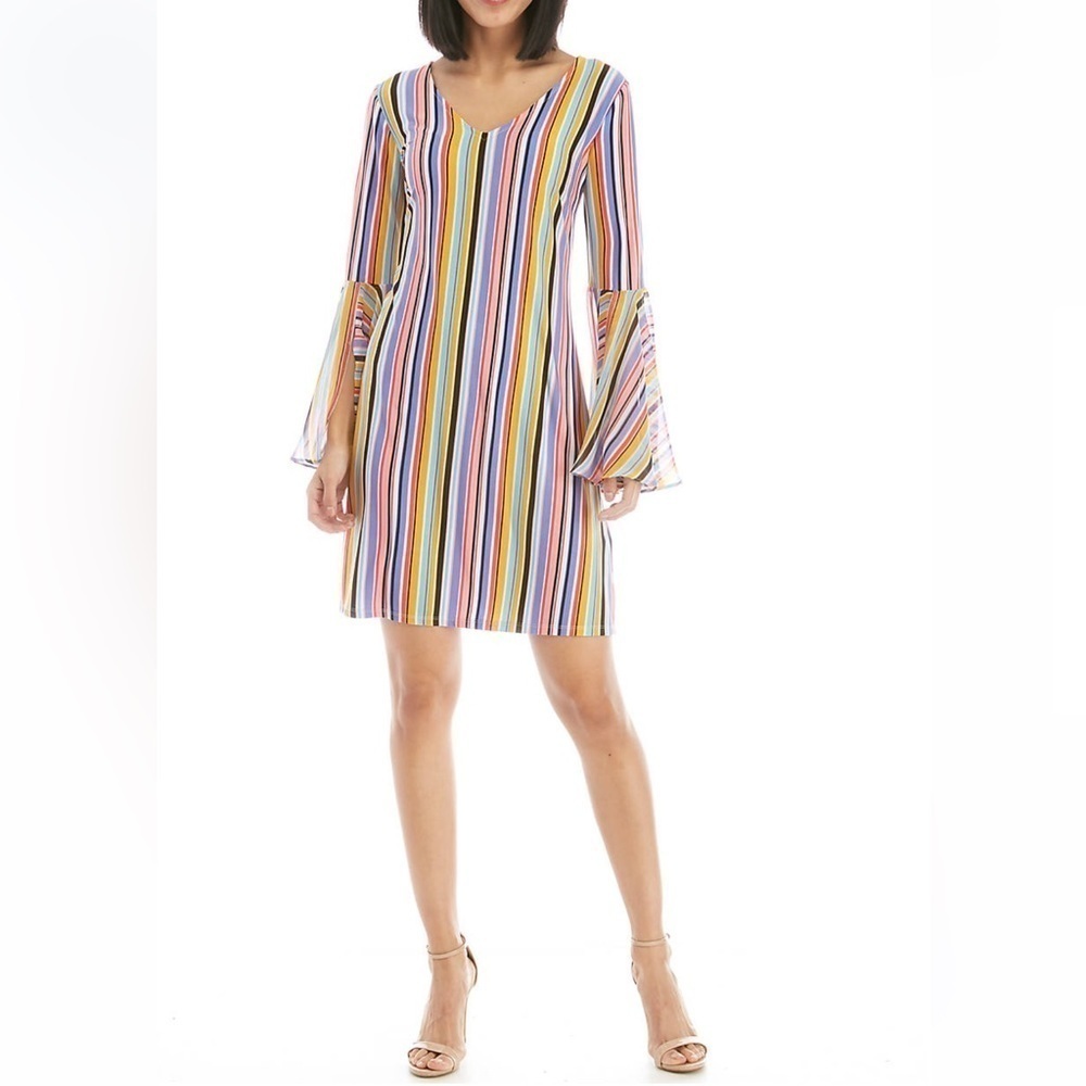 NWT Ivy Road Knit Woven Colorful Striped Bell Sleeves V-neck Dress